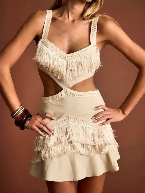 12th Tribe Dresses & Skirts - Fringe Cutout Mini Dress in Cream New